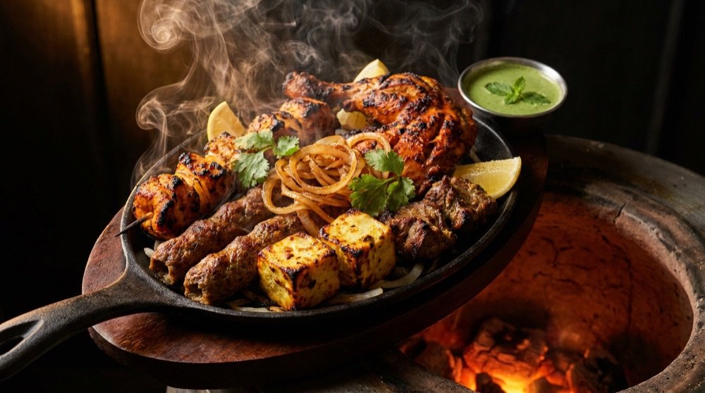 Tandoori Grill-Platte mit Rauch